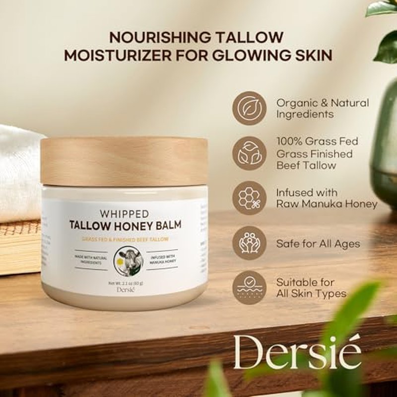 Dersie Tallow and Honey Balm for Face: 100% Grass-Fed Whipped Tallow Balm with Manuka Honey for Dry, Sensitive & Mature Skin ? Deep Hydration & Soothing ? Suitable for Women, Men & Kids (2.1 oz)