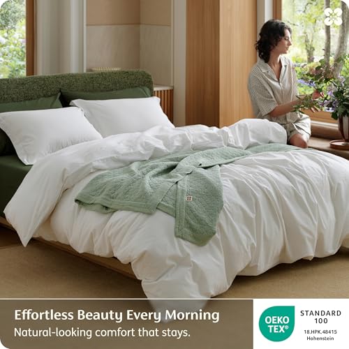 Bedsure Queen Size Linen-Inspired Cotton Duvet Cover Set, 3-Piece, Natural White