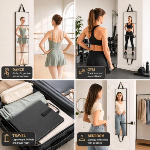 Adzyz Black Foldable Full Length Travel Mirror 39x11.6 Inch 3-Way Standing & Hanging Compact Design