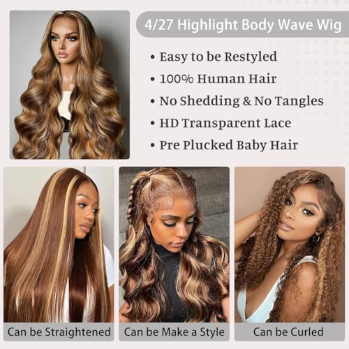 26 Inch Honey Blonde Highlight Human Hair Body Wave Lace Front Wig - 180% Density, 13x4 HD Transparent Lace, P4/27 Variation