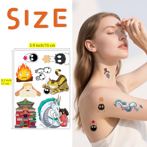 Pounchi Japanese Anime Temporary Tattoos (8 Sheets) Gifts Anime Decor Cosplay Waterproof Temporary Tattoos Cartoon Stickers Party Favors Supplies for Teens Man Woman