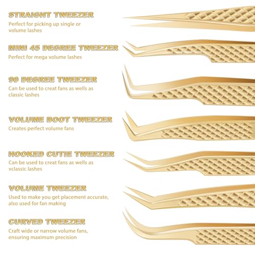 EKYSSO Gold Eyelash Tweezers Kit 7 Pcs for Lash Extensions, Professional Lash Tools
