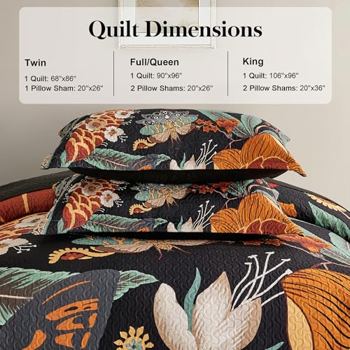 Mocha Noir 3-Piece Boho Floral Butterfly King Quilt Bedding Set