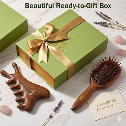 Medium Wooden Gua Sha Facial & Hair Detangler Brush Set - Self Care Gift for Women