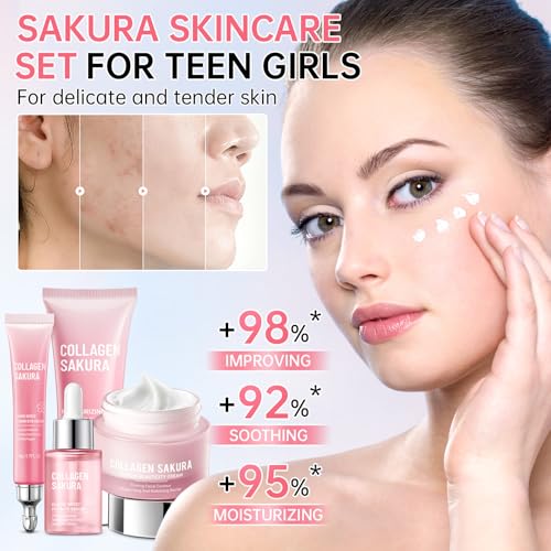 JAPAN SAKURA Skin Care Set, Cherry Blossom Skincare Set for Teen Girls & Women, Moisturizing & Repairing Skin, 4 Pcs Collagen Skin Care Kits for Travel with Facial Cleanser, Serum, Cream & Eye Cream