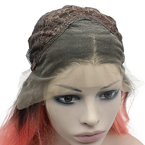 Long Black Roots Pink Synthetic Lace Front Wig - Hand Tied Heat-Resistant Hair