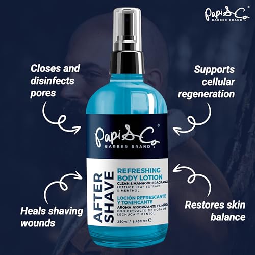 PAPI & CO. After Shave Lotion for Men, Refreshing Post Shave Body Lotion with Menthol & Lettuce Leaf Extract, Toning Aftershave with Exclusive Fragrance, Daily Grooming Care, 250 mL / 8.45 fl oz