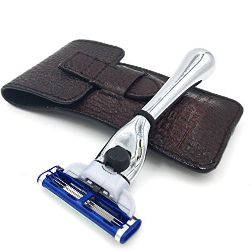 Travel Razor Compatible with Gillette Mach3 - Brass Handle & Leather Case