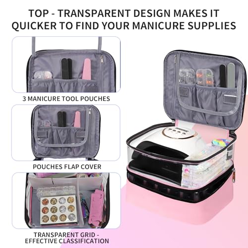 Pink Double Layer Nail Polish & Lamp Organizer with Adjustable Dividers - Beloving