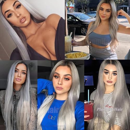 PlatinumHair Ombre Gray Lace Front Wig 24 Inch Long Straight Synthetic Heat-Resistant Fiber for Women - Pack of 1