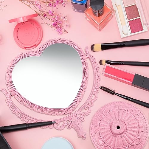 Pink Heart Vanity Mirror - Double Sided 360 Degree Swivel - Aesthetic Makeup Cosmetic Mirror for Table Desk Countertop Dresser Coquette Bathroom Bedroom Decor