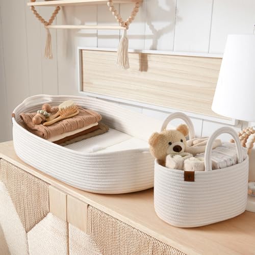 Baby Changing Basket with Diaper Caddy - Soft Waterproof Cover, Portable, Organic Cotton Rope - Soft Beige
