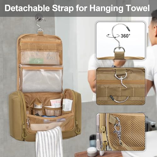 Large Hanging Toiletry Bag for Men - Khaki Travel Dopp Kit with Multiple Pockets