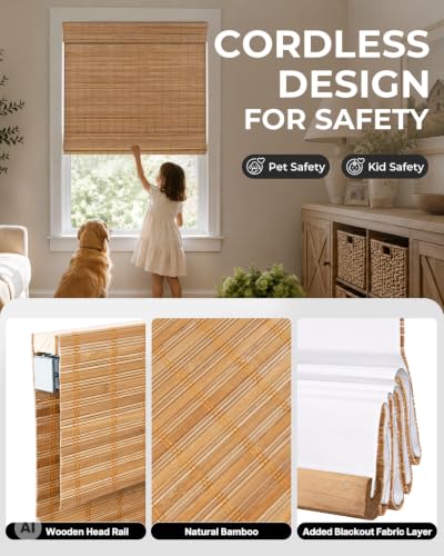 LazBlinds Blackout Bamboo Roman Shades - No Drill Cordless Room Darkening Blinds, 20x48 Inches