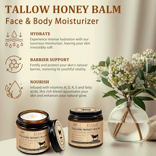 ELBBUB Whipped Tallow Face & Body Moisturizer 4.2 Fl Oz Pack of 2 - Natural Honey & Beeswax, Unscented, Fast Absorption