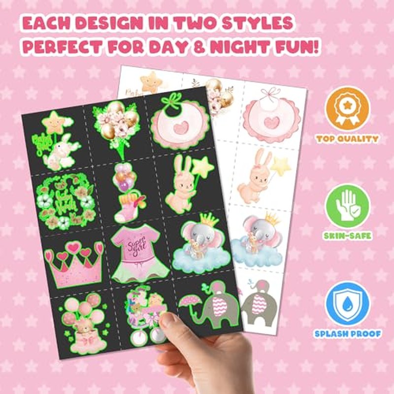 96 PCS It¡¯s a Girl Baby Shower Favors Set ? 72 Pre-Cut Temporary Tattoos & 24 Slap Bracelets, Perfect for Gender Reveal Parties & Newborn Celebrations