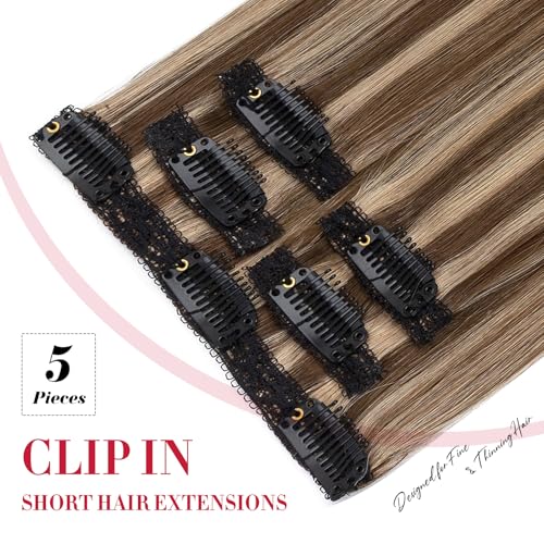 Clip-In Hair Extensions Medium Brown Mixed Dark Blonde 10 Inch - 5 Pieces Remy Human Hair