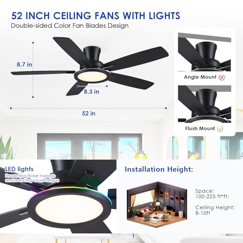 BYKISTOK 52-Inch Flush Mount Ceiling Fan with RGB Light - Black Reversible Mute Motor