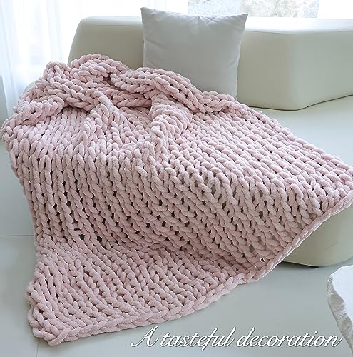 Chenille Chunky Knit Throw Blanket - Handmade Light Pink 60x80 Inches