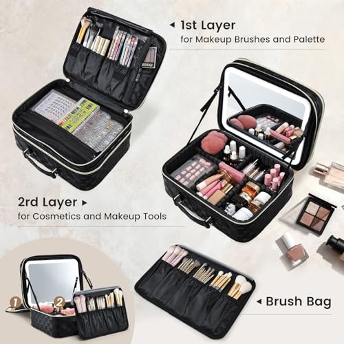 Makeup Bag with LED Lighted Mirror 12.2 IN Cosmetic Train Case Double Layer Makeup Case Adjustable Brightness in 3 Colors Cosmetic Organizer Artist Storage with Brush Holder Vanity Black Checkerboard