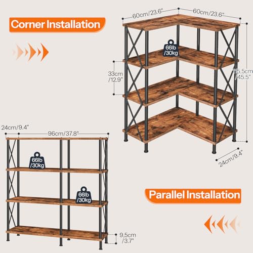 HOOBRO 4-Tier Corner Bookcase with Rustic Brown & Black Finish, L-Shaped Adjustable Shelving