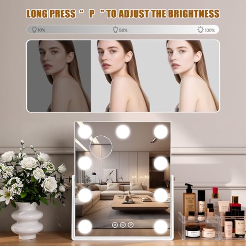Vanity Mirror with Lights, 16"¡¿10" Hollywood Makeup Mirror with 9 Dimmable Bulbs, 3000mAH Battery, 3-Color Lighting, Dimmable, 360¡Æ Rotation, 10x Magnification, Desk Mirror, Bedroom (White)