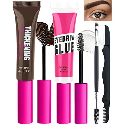 Brow Gel Kit-Espresso Thickening Tinted Eyebrow Mascara Gel & Clear Setting Brow Glue, Brow Filler Dye Brows Cream, Long Lasting Eye Makeup for Women, Light Medium Dark Brown With Brow Tool-Set 07
