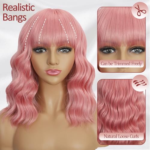 Mxayhnajxl Pink Wigs with Bangs for Women, 14 Inch Short Wavy Bob Cosplay & Party Wig