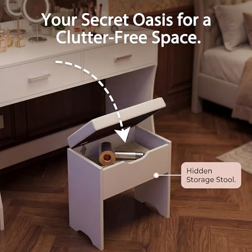 Pure White Vanity Desk with Lighted Mirror, 11 LED Lights, 2 Drawers & Stool