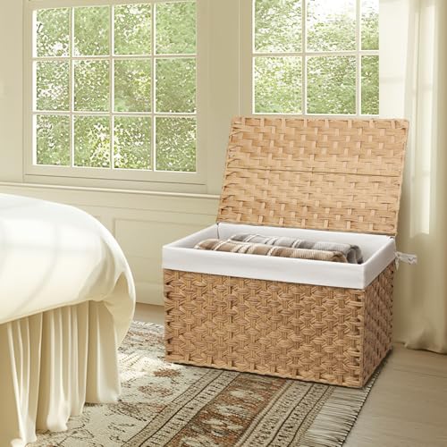 Large Wicker Storage Basket with Lid - 200L Natural Handwoven Organization Bin (31.5x19.7x19.7 Inches)