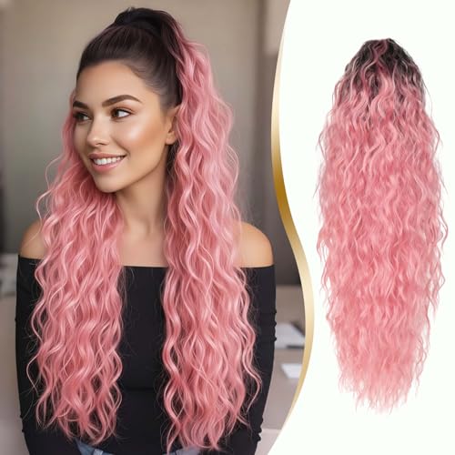 Ombre Black to Pink Long Wavy Ponytail Extensions - 30 Inch Clip-In Hairpiece