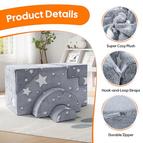 Starry Grey Glow-in-Dark Kids Foam Climbing Couch with Slide & Stairs
