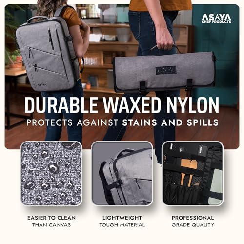 Asaya Grey Chef Knife Backpack with 20-Pocket Knife Roll - Professional Culinary Bag