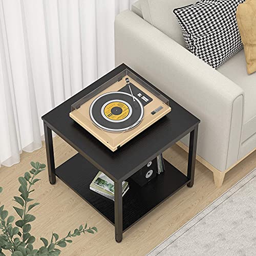 Homieasy Black 20-Inch Square 2-Tier Metal Wood Side Table - Modern Industrial Nightstand