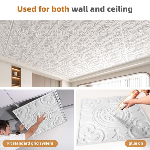 WOWSTAR White PVC Drop Ceiling Tiles 24x24 Inches - Pack of 24