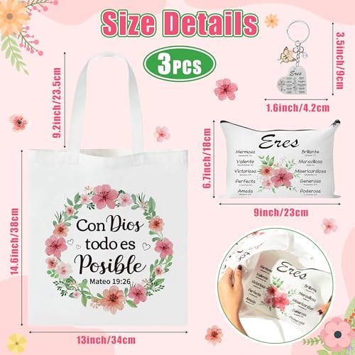 Y1tvei Spanish Christian Gifts For Women - 3Pcs Con Dios Todo Es Posible Spanish Bible Verse Canvas Tote Bag with Keychain Inspirational Christian Religious Makeup Bag Spiritual Catholic baptism Gifts