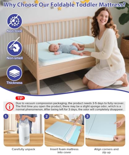 3-Inch Standard Crib Mattress for Baby Travel & Nursery - Foldable, Waterproof, CertiPUR-US Certified Foam - 52x27.5x3 Inches