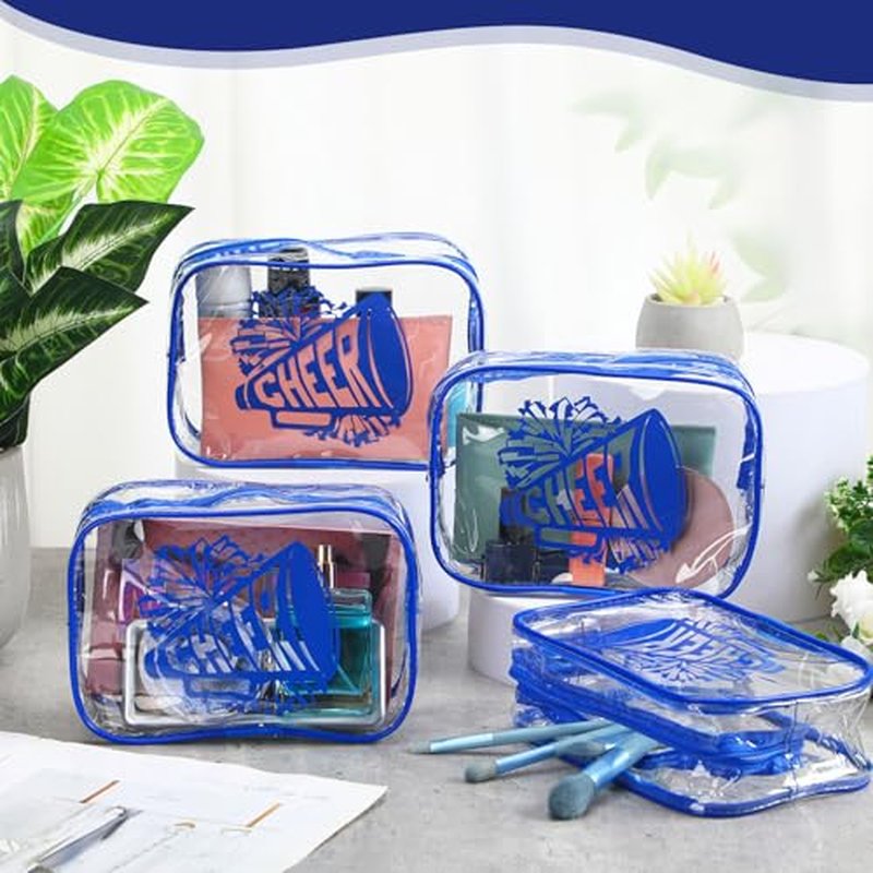 Kacctyen 12 Pcs Cheer Makeup Bag Cheer Gifts Bulk for Team 7 x 4.7 x 2.4'' Cosmetic Bag Cheerleader PVC Makeup Case Clear Toiletry Zipper Pouch for Cheerleading Teammates Party Supplies(Dark Blue)