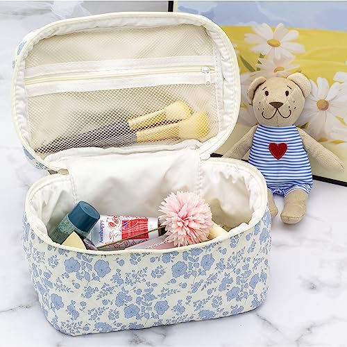 Flower Blue 3-Piece Quilted Makeup Bag Set for Women - Cosmetic & Toiletry Organizer