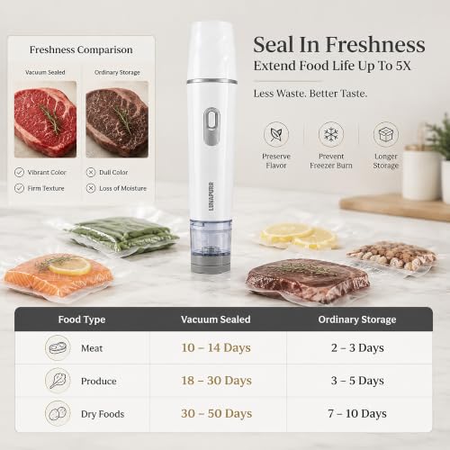 Handheld Vacuum Sealer for Food with 30 Reusable Bags - Cordless & Portable