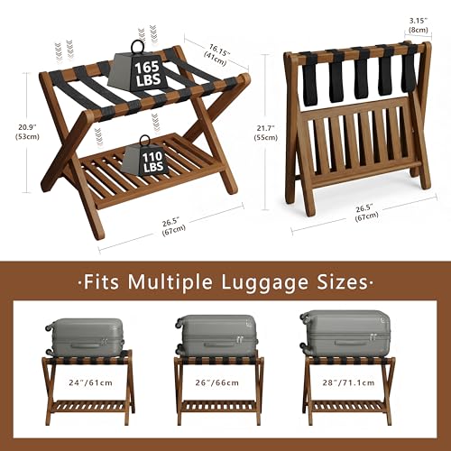 Walnut & Black Bamboo Luggage Rack for Guest Room Pack of 2 - Foldable & Stable Suitcase Stand