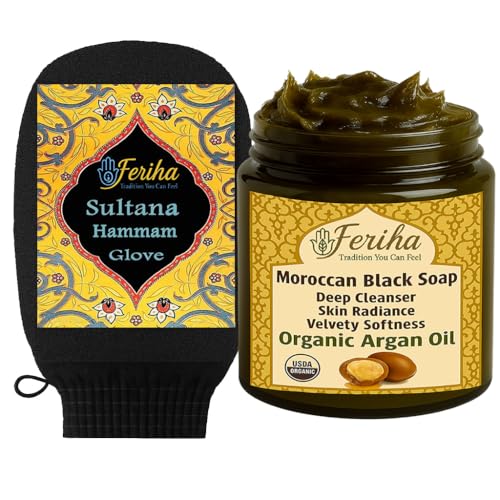 Moroccan Black Soap with Argan Oil & Exfoliating Mitt for Deep Cleansing