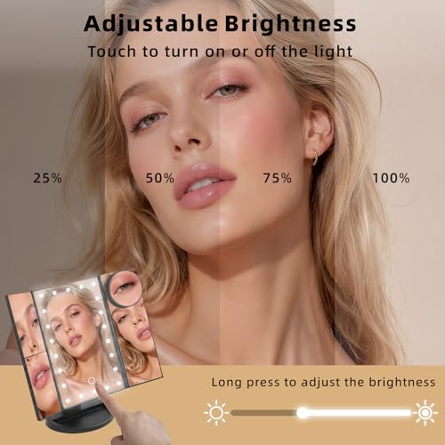 Black Lighted Makeup Mirror with Magnification Tri-Fold LED Vanity Mirror