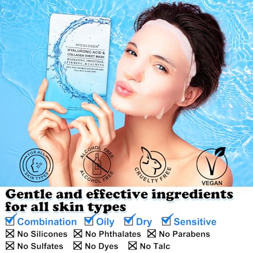 Collagen Face Mask with Hyaluronic Acid, Vitamin E Oil for Skin Care Hydrating, Moisturizing, Brightening & Anti Aging Face Masks Skincare for Oil, Dry, Acne, Sensitive All Skin Types 12PCS