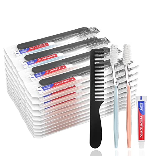 50 Pack Disposable Toothbrushes with Travel Toothpaste & Combs for Travel & Homeless Aid
