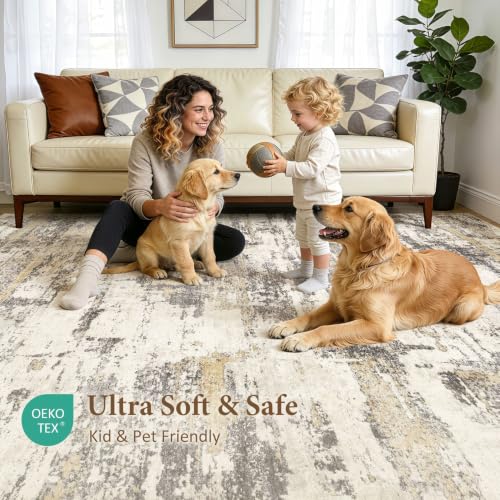 8x10 Rectangular Washable Abstract Area Rug - Gold Brown Living Room Decor