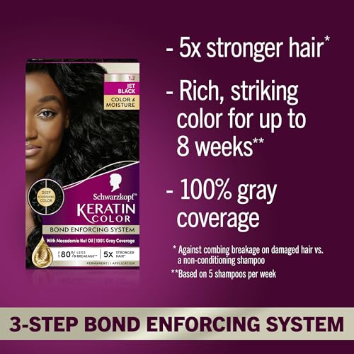 Schwarzkopf Keratin Permanent Hair Dye Cream, 1.2 Jet Black, Professional Quality Color for Up to 100% Gray Coverage, Bond Enforcing System