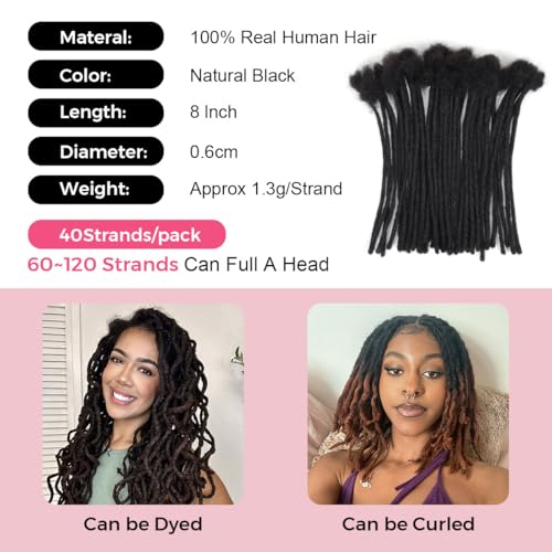 8 Inch Black Human Hair Loc Extensions - 40 Strands, 0.6cm Width, Variation 1B