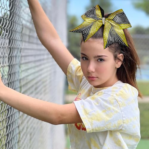6 Pack Large Glitter Gold and Black Cheer Bows - Rhinestone Hair Accessories for Cheerleaders, Sports Teams, Girls, 8 Inch