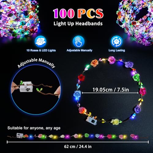 100 PCS Light Up Flower Crowns for Women - LED Floral Headbands for Weddings, Parties & Celebrations